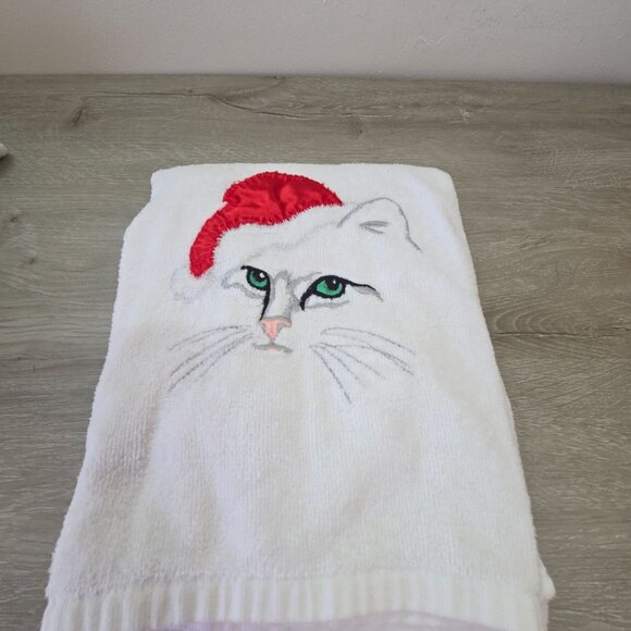 White Cotton Christmas Cat Embroidered Towel Set With Santa Hat Design - Picture 4 of 10